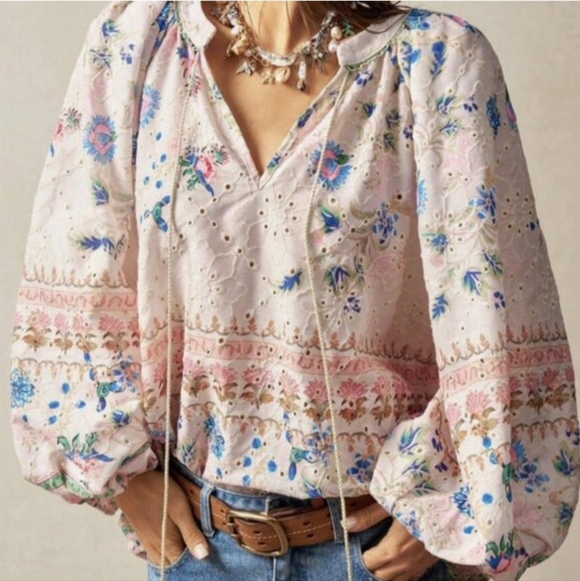 Source Unknown Tops - Floral Bohemian Blouse with Tassel and Puffy Sleeves